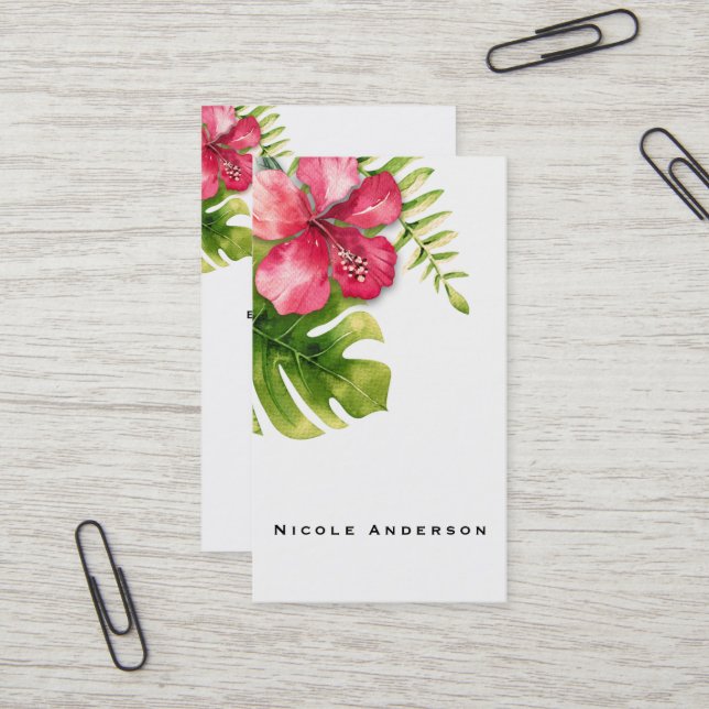 White Tropical Hibiscus Leaves Chic Elegant Floral Business Card (Front/Back In Situ)