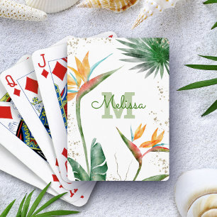 White Tropical Island Floral Monogram Script Gold Playing Cards