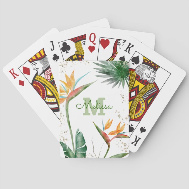 White Tropical Island Floral Monogram Script Gold Playing Cards (Back)
