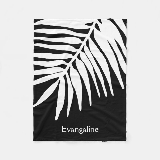 White Tropical Jungle Fern Leaf Print on Black Fleece Blanket (Front)