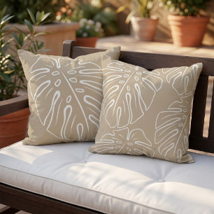 White Tropical Leaf Motif Khaki Taupe Beige Brown Outdoor Pillow