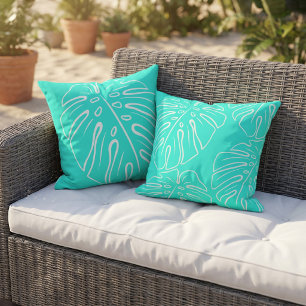 White Tropical Leaf Motif On Aqua Turquoise Blue Outdoor Pillow