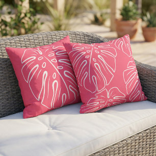 White Tropical Leaf Motif On Bright Raspberry Pink Outdoor Pillow