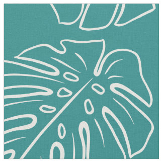 White Tropical Leaf Motif On Cyan Teal Blue Green Fabric