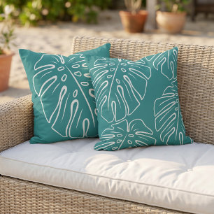 White Tropical Leaf Motif On Cyan Teal Blue Green Outdoor Pillow
