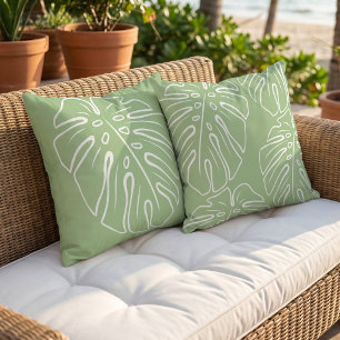 White Tropical Leaf Motif On Light Sage Green Outdoor Pillow