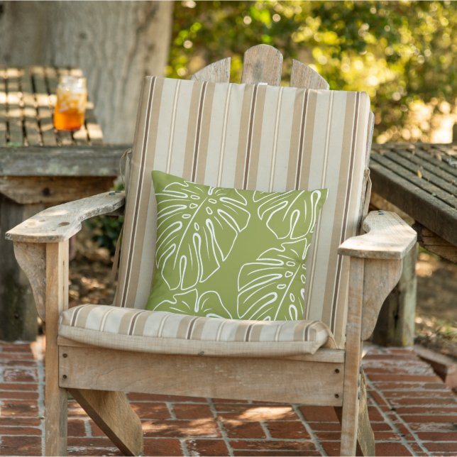 White Tropical Leaf Motif On Olive Green Outdoor Pillow (Chair)