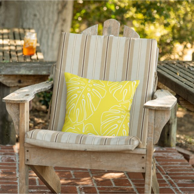 White Tropical Leaf Motif On Sunny Yellow Outdoor Pillow (Chair)