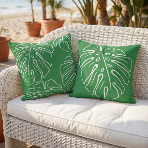 White Tropical Leaf Motif Rainforest Jungle Green Outdoor Pillow