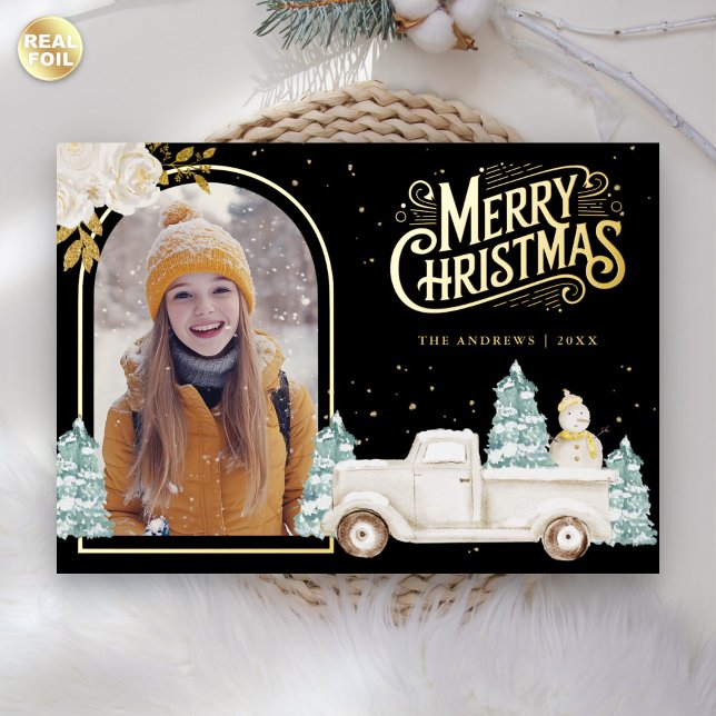 White Truck Snowman Christmas Photo Black Gold Foil Holiday Card (Creator Uploaded)