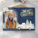 White Truck Snowman Christmas Photo Navy Blue Gold Foil Holiday Card<br><div class="desc">Amaze your guests with this elegant woodland theme winter Christmas card featuring a cute white truck and adorable snowman with real gold foil elements.  Simply add your text on this easy-to-use template and adorn this card with your favourite photo to make it a one-of-a-kind holiday card.</div>