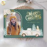 White Truck Snowman Christmas Photo Teal Gold Foil Holiday Card<br><div class="desc">Amaze your guests with this elegant woodland theme winter Christmas card featuring a cute white truck and adorable snowman with real gold foil elements.  Simply add your text on this easy-to-use template and adorn this card with your favourite photo to make it a one-of-a-kind holiday card.</div>