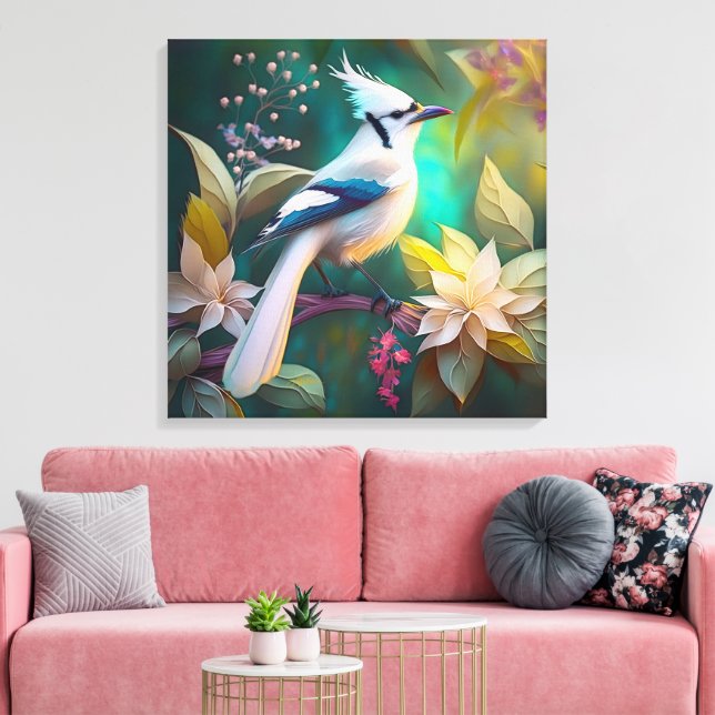 White Tufted Teal Wing Jay Fantasy Bird Canvas Print (Insitu(LivingRoom))