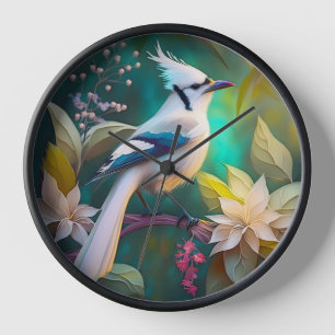 White Tufted Teal Wing Jay Fantasy Bird Clock