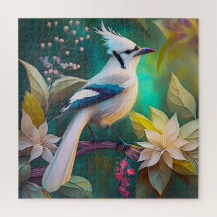 White Tufted Teal Wing Jay Fantasy Bird Jigsaw Puzzle