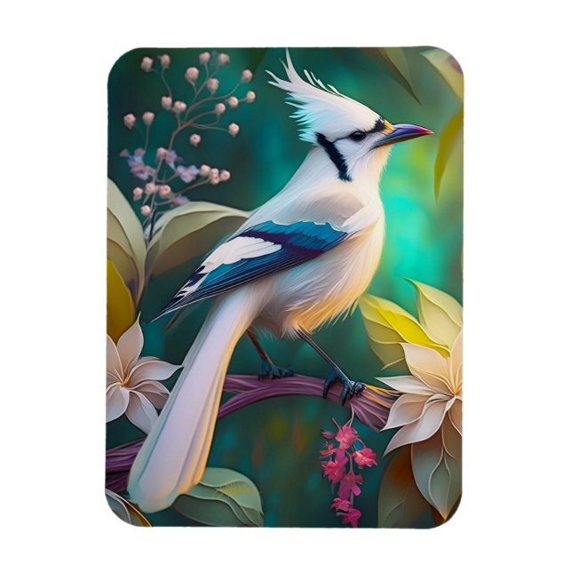 White Tufted Teal Wing Jay Fantasy Bird Magnet (Vertical)