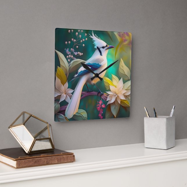 White Tufted Teal Wing Jay Fantasy Bird Square Wall Clock (Office)
