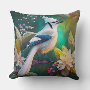 White Tufted Teal Wing Jay Fantasy Bird Throw Pillow