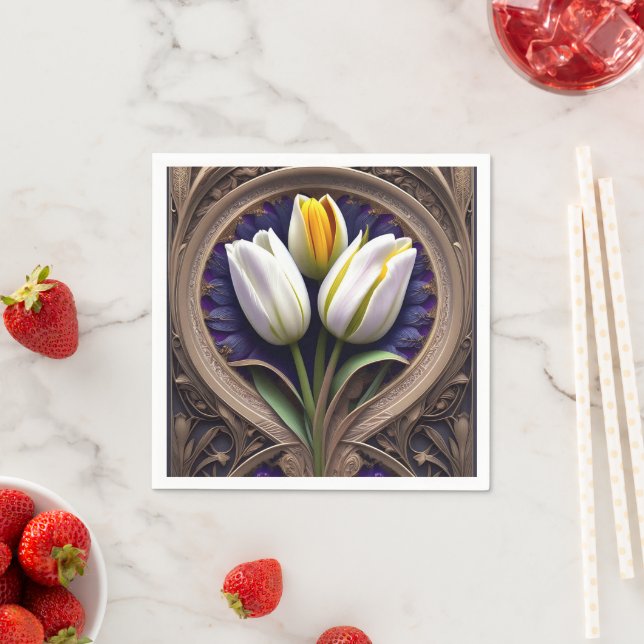 White Tulip Art Nouveau Design, Napkin (Insitu)