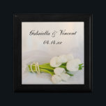 White Tulip Bouquet Spring Wedding Gift Box<br><div class="desc">Customize the elegant White Tulip Bouquet Spring Wedding Gift Box with the personal names of the bride and groom and March, April or May springtime marriage ceremony date. This classy custom botanical nuptial trinket box features a floral photograph of a bouquet of white tulip flower blossoms, white pearl necklace and...</div>