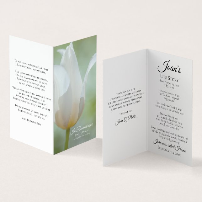 White Tulip Floral Spring Funeral Memorial Prayer Business Card (Inside and Outside)