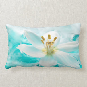 White Tulip Flower Blue Water Pond Aqua Turquoise Lumbar Pillow