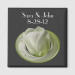 White Tulip Flower Wedding Favour Magnet<br><div class="desc">Delicate white tulip on a black background save the date wedding announcement favour refrigerator magnet. Fill in your information in the template. Make more changes to text and font size, style, and colour by clicking on Customize. If you have any questions or requests, please contact me. This image is available...</div>