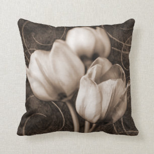 White Tulip Flowers Sepia Black Background floral Throw Pillow