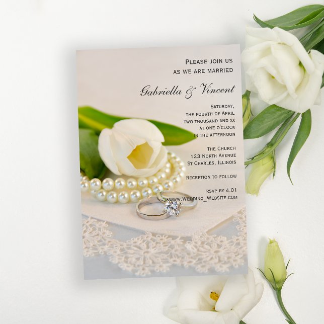 White Tulip, Pearls and Rings Wedding Invitation (Creator Uploaded)