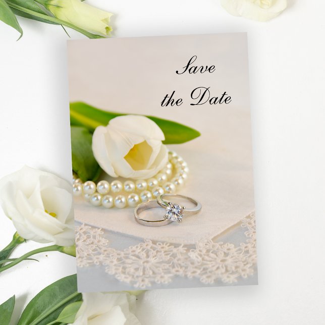 White Tulip Pearls and Rings Wedding Save the Date (Creator Uploaded)