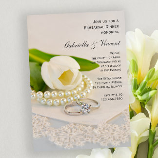 White Tulip, Pearls Rings Wedding Rehearsal Dinner Invitation