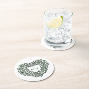 White tulip wreath ink drawing monogram wedding  s round paper coaster