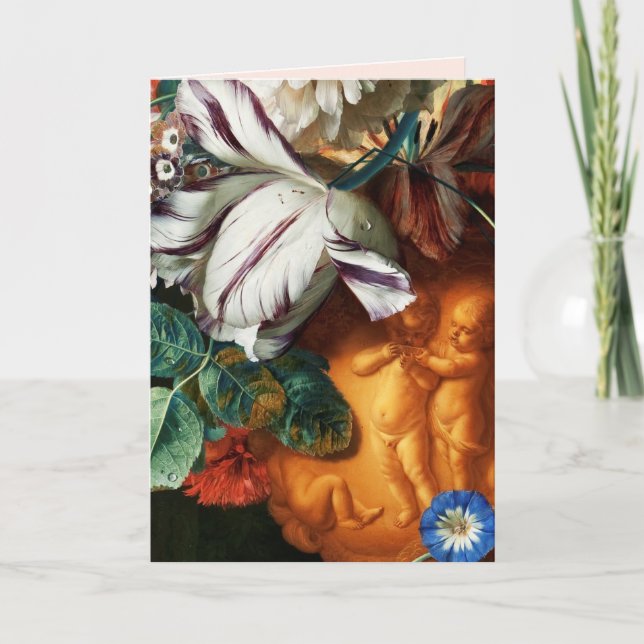 WHITE TULIPS,ANEMONES AND CUPIDS Valentine's Day Holiday Card (Front)