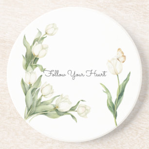 White Tulips Butterfly   Coaster