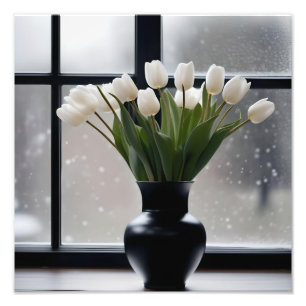 White Tulips In Black Vase By Frosty Window, Photo Print