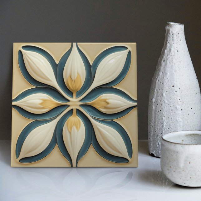 White Tulips on Blue Symmetric Art Deco Tile (Creator Uploaded)