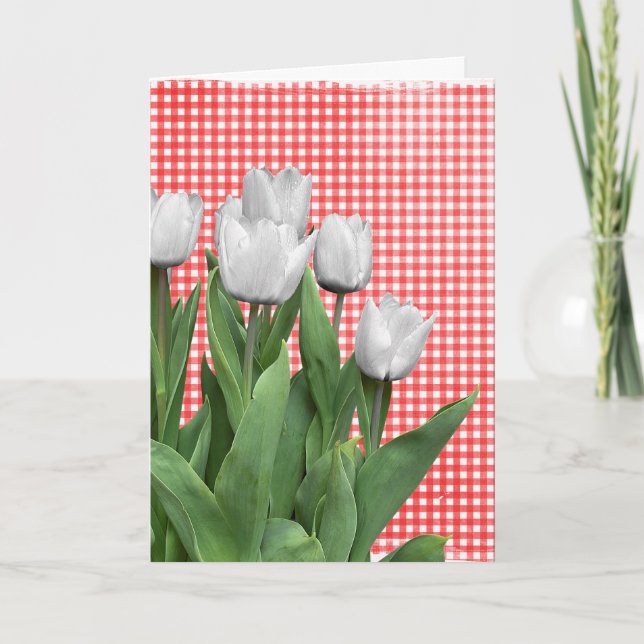 White Tulips on Gingham Birthday Card (Front)