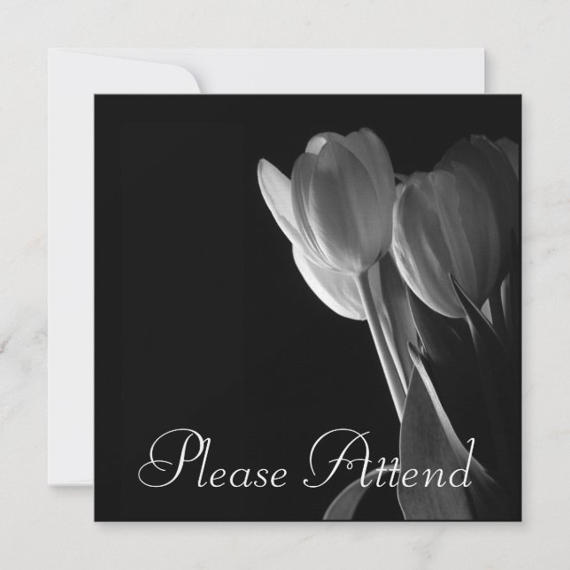 White Tulips Photo On Black Background Invitation (Front)