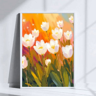 White Tulips Watercolor Flower Field Painting Poster