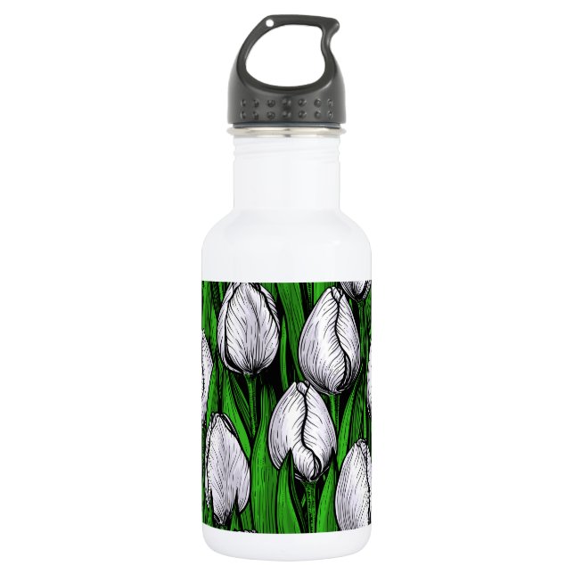 White tulips with green leaves 532 ml water bottle (Front)
