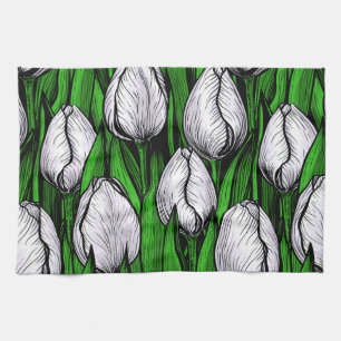 White tulips with green leaves kitchen towel
