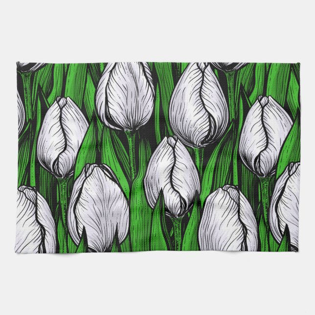 White tulips with green leaves kitchen towel (Horizontal)