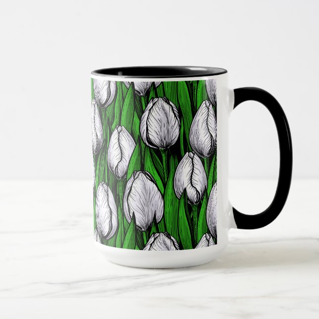 White tulips with green leaves mug (Right)