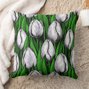 White tulips with green leaves throw pillow