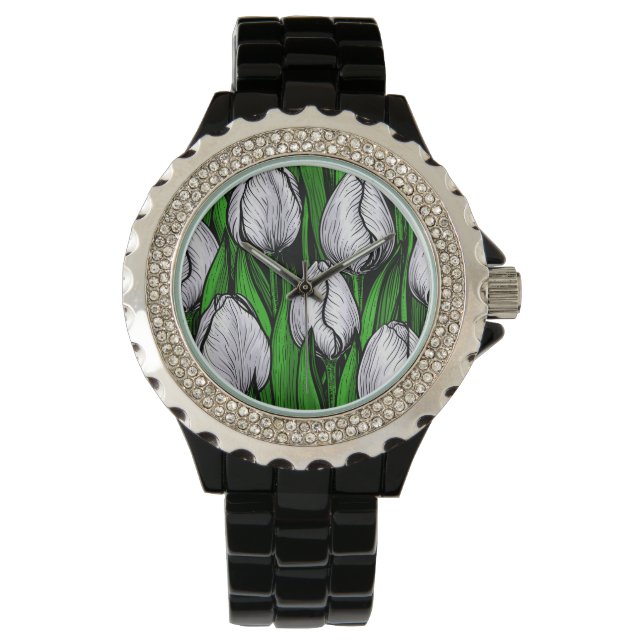 White tulips with green leaves watch (Front)