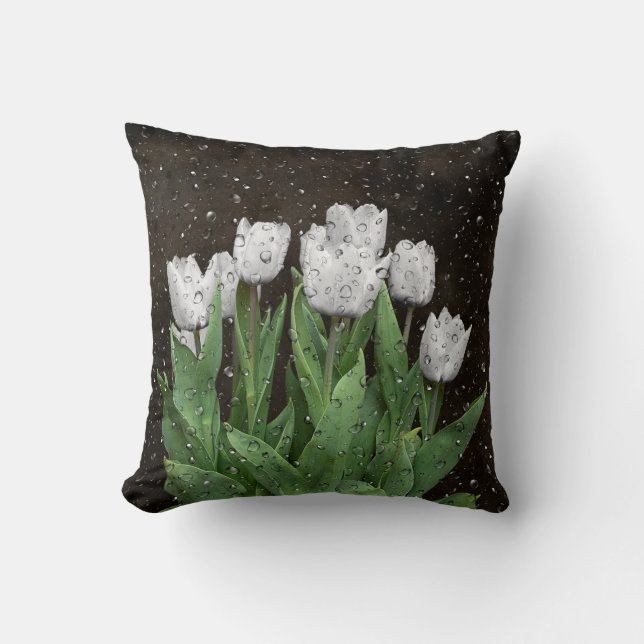 White Tulips With Raindrops Throw Pillow (Front)