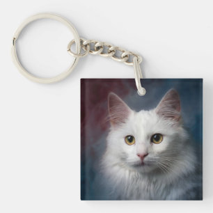 White Turkish Angora Cat Red Blue Keychain