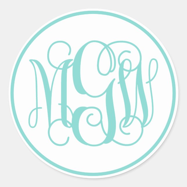 White Turq Aqua Vine Script Monogram, DIY BG Classic Round Sticker (Front)