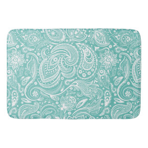 White & Turquoise Floral Paisley Lace Pattern Bath Mat