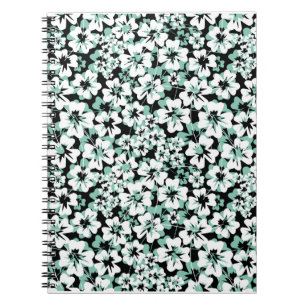White, turquoise flowers on black. notebook